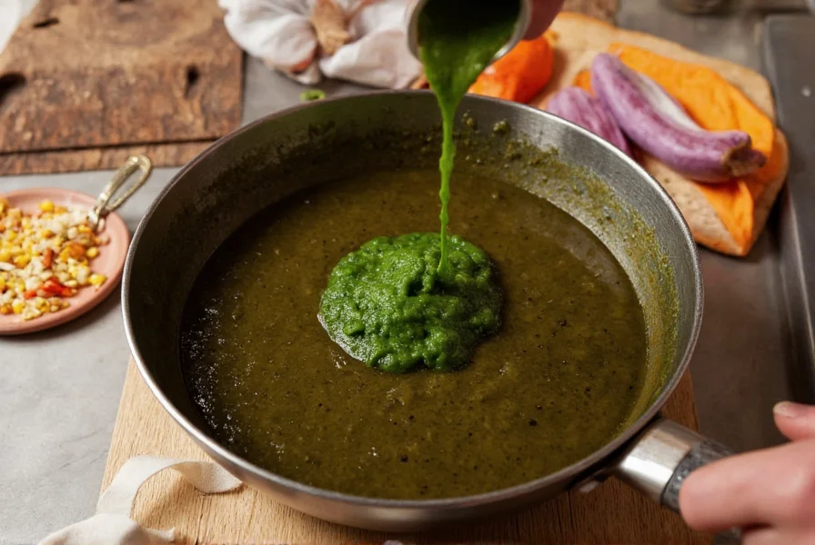 Traditional Mexican mole poblano sauce being prepared with fresh poblano peppers