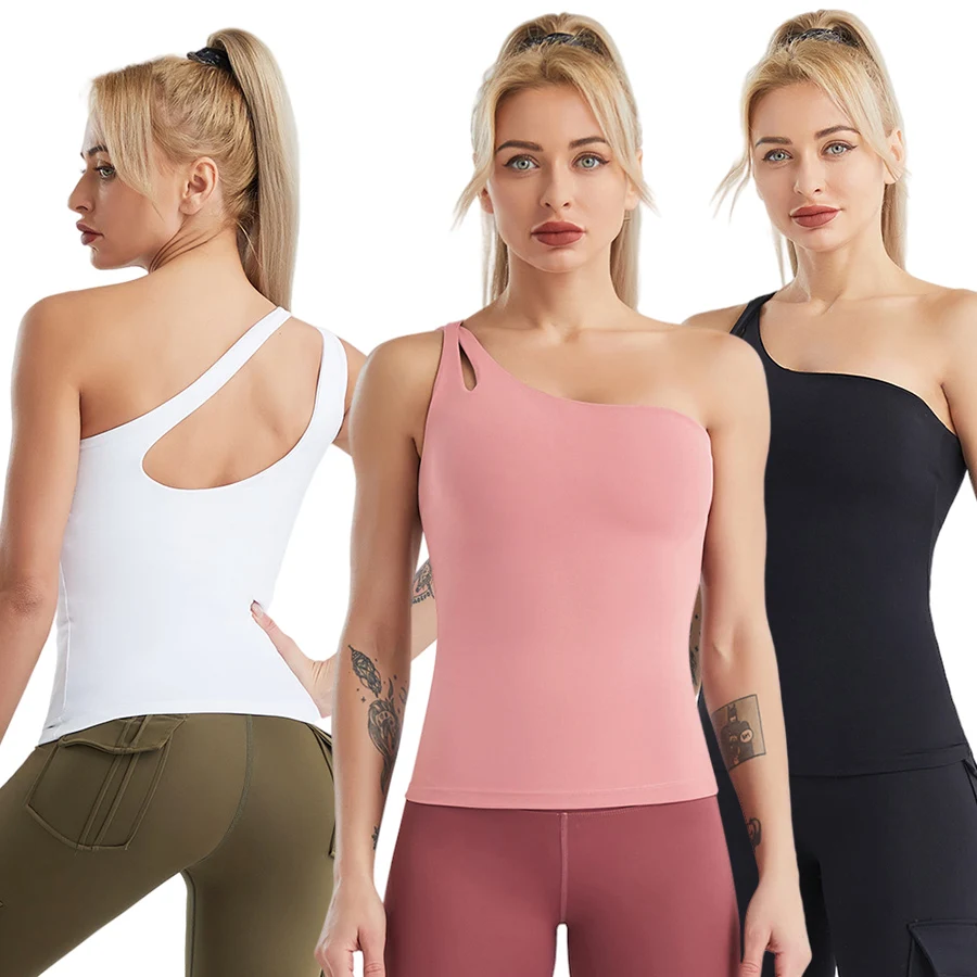 

wholesale One shoulder sleeve sexy gym workout clothing bodycon fitness sports women tank top with bra, 3 color or oem