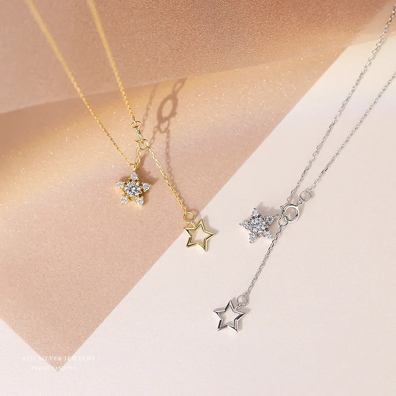 

joyffo s925 Sterling Silver Necklace Plated 14K Gold Zircon Necklace Star Double Pendant Silver Necklace For women