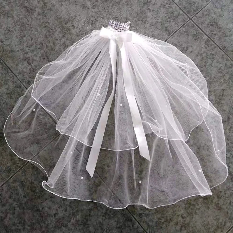 

wedding tulle ribbon bow veil cathedral promotion Simple hot sale veil bridal accessories, Ivory white