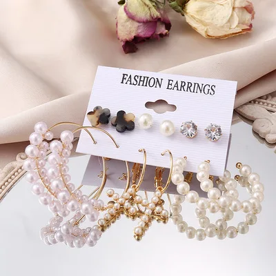 

shopee acrylic pearl fashion cheap gold silver women diamond pearl jewelry stud set earrings, Picture