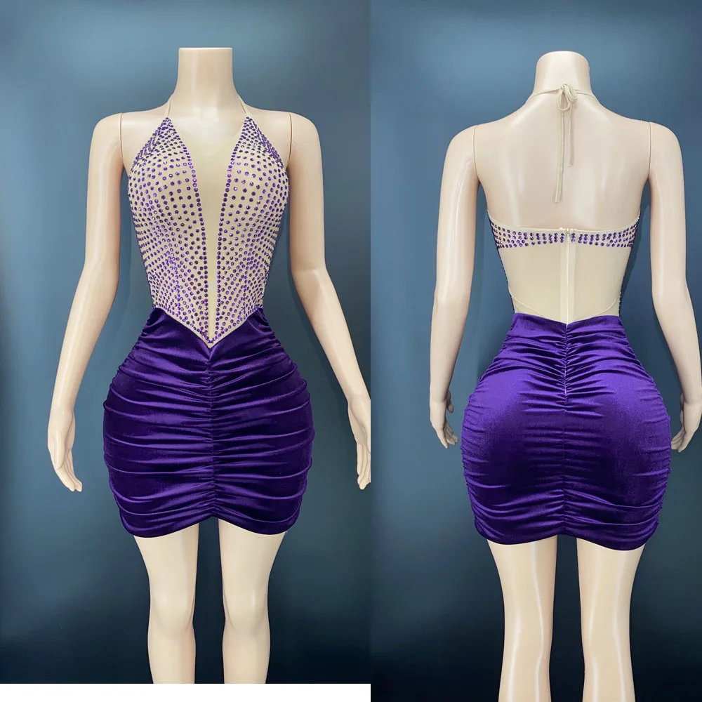 

Fashion Purple Rhinestones Velvet Sleeveless Dress Evening Birthday Party Celebrate Stretch Outfit Nightclub Dance Costume