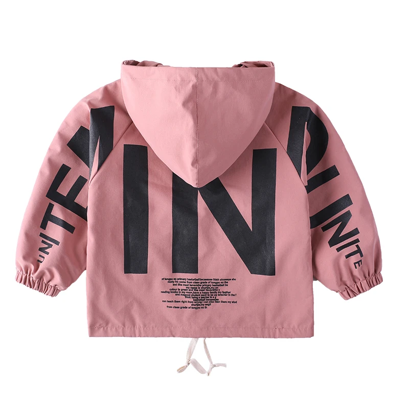 
High quality boutique fashion design boys jacket 100%polyester printed hooded pink kids windbreaker jacket 