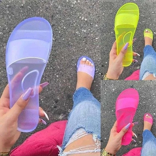 

QC Wholesale flat home slippers for ladies 2021 fashion cheap transparent jelly shoes womens summer slippers