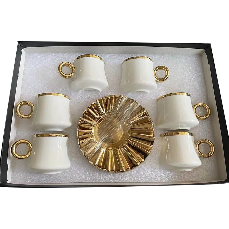 

Wholesale luxury ceramic arabic coffee set turkish tea set porcelain 6 cup 6 saucer set, White,red, green & dark blue