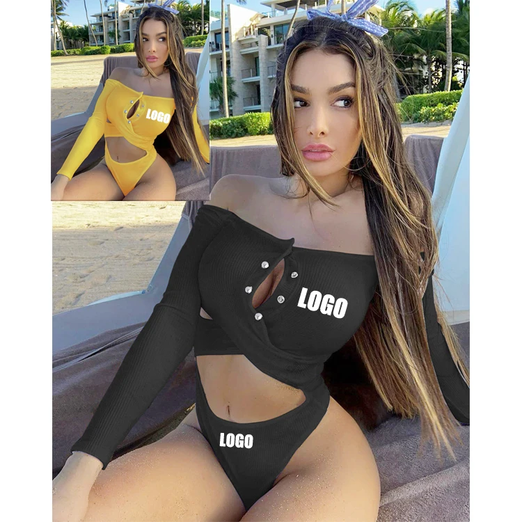

Free Shipping buckle front tied long sleeve swimwear women push up off shoulder woman one piece bikini swimsuit