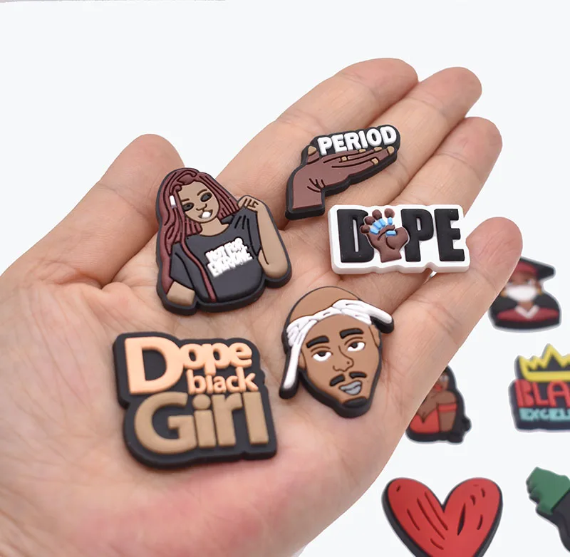 

Wholesale Hot Sale Black Girl Magic Living Material Shoe Buckle Accessories PVC Shoe Charms for Croc Clog Shoe