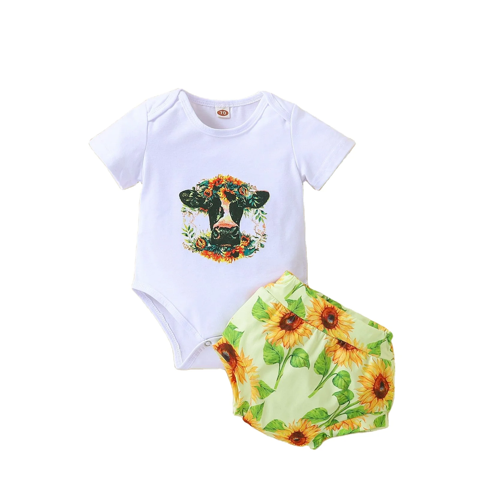 

wholesale Summer Infant Baby Girl Outfits Set cotton print romper+sunflower shorts Suit baby Girls Clothing set, As image shown
