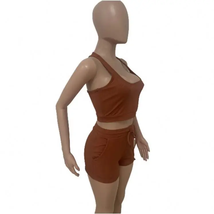 

Ckfashion High Quality Summer Two Piece Sport Jogging Sets Sleeveless Crop Top Drawstring Shorts Two Piece Set Women Clothing
