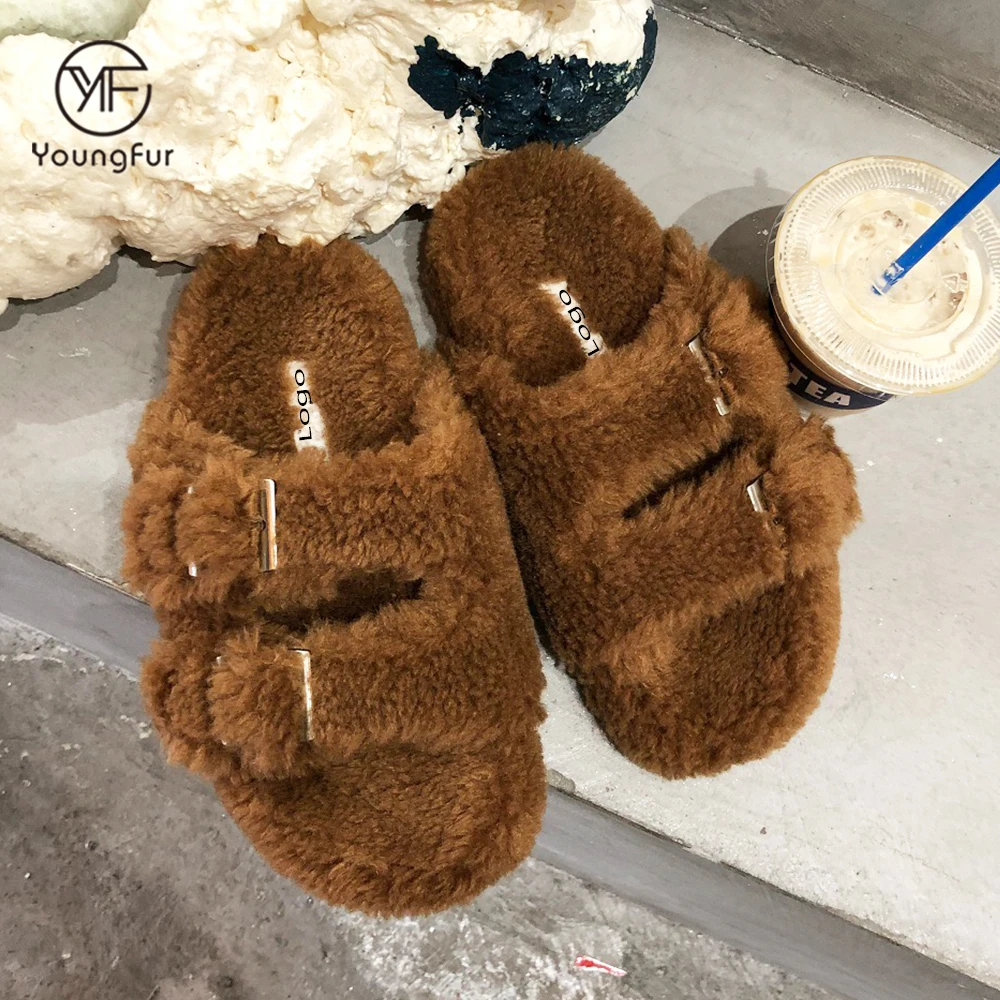 

Wholesale Teddy Shearling Slides Real Lamb Fur Sandals Platform Slippers for Women, As shown