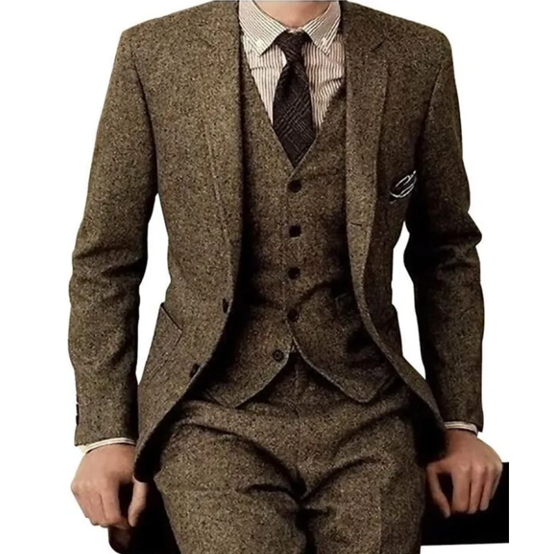 

Herringbone Tweed Men Suits Winter Wool Fashion Groom Tuxedos New Design Blazer Vest Pants Men 3 Piece Suits