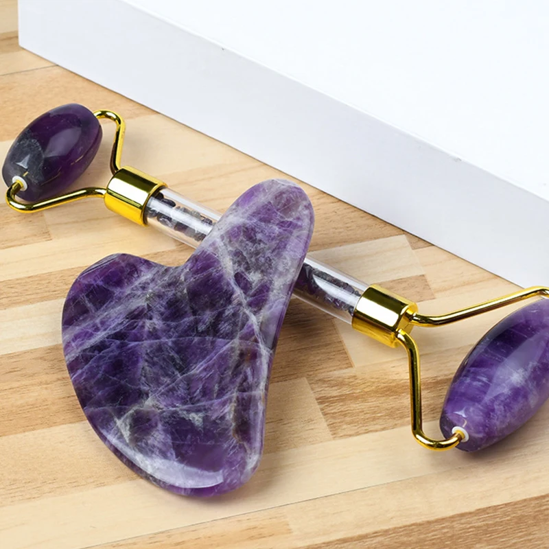 

Natural Amethy Quartz Jade Roller Facial Body Massage Roller Jade Stone Gua Sha Board Scraper Face Lifting Beauty Massage Tool, Purple