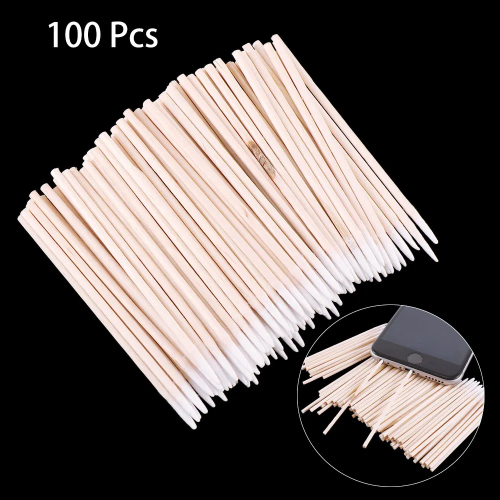 

100pcs Wooden Eyelash Grafting Cotton Swab Cosmetics Permanent Makeup Health Medical Ear Jewelry Clean Sticks Buds Tip, White cotton+natural wood color