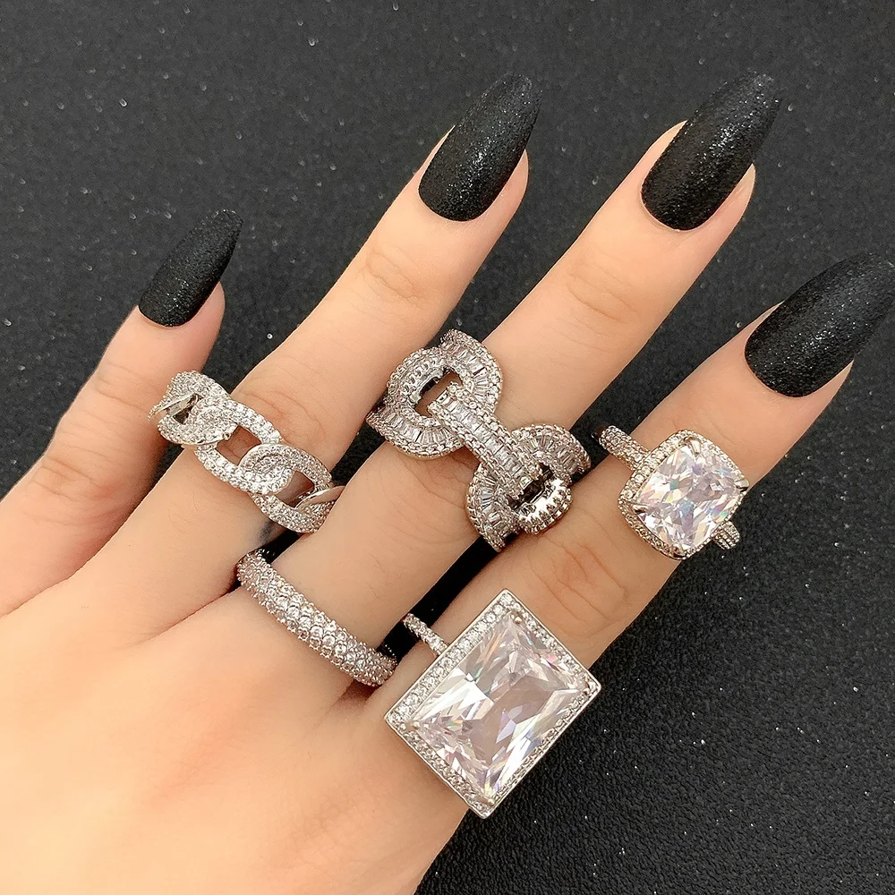 

Baguette Ring Miami Gold Plated Jewelry Iced Out Cubic Zirconia Diamond Cuban Link Chain Rings