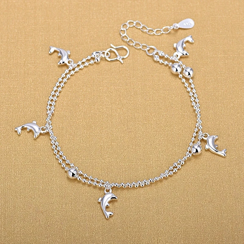 

Silver 925 Double Layer Ball Chain Bracelet Fashion 925 Sterling Silver Dolphin Animal Charm Bracelet For Women Jewelry