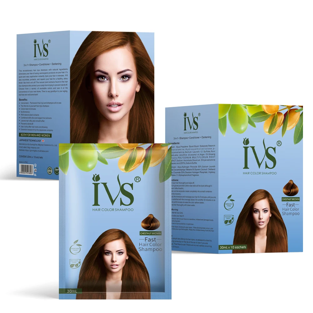 

IVS Gmp Iso Thailand Speedy Black Hair Shampoo Sachet Packing 10 Minutes Hair Colorant 3 in 1 in hair dye, Natural black, dark brown, chestnut brown, medium brown, light brown