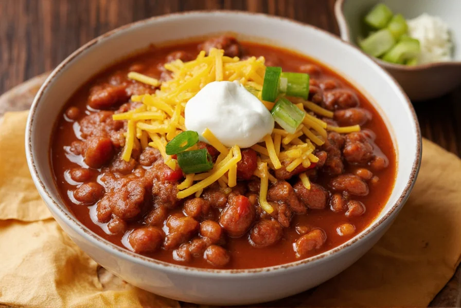Traditional bowl of chili con carne with toppings like sour cream, cheese, and green onions