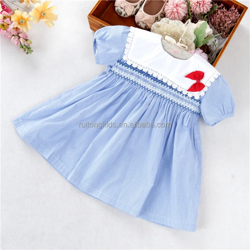 

C1252 summer vintage blue baby girls dresses smocked cotton hand made lolita embroidery wholesale children clothes kids