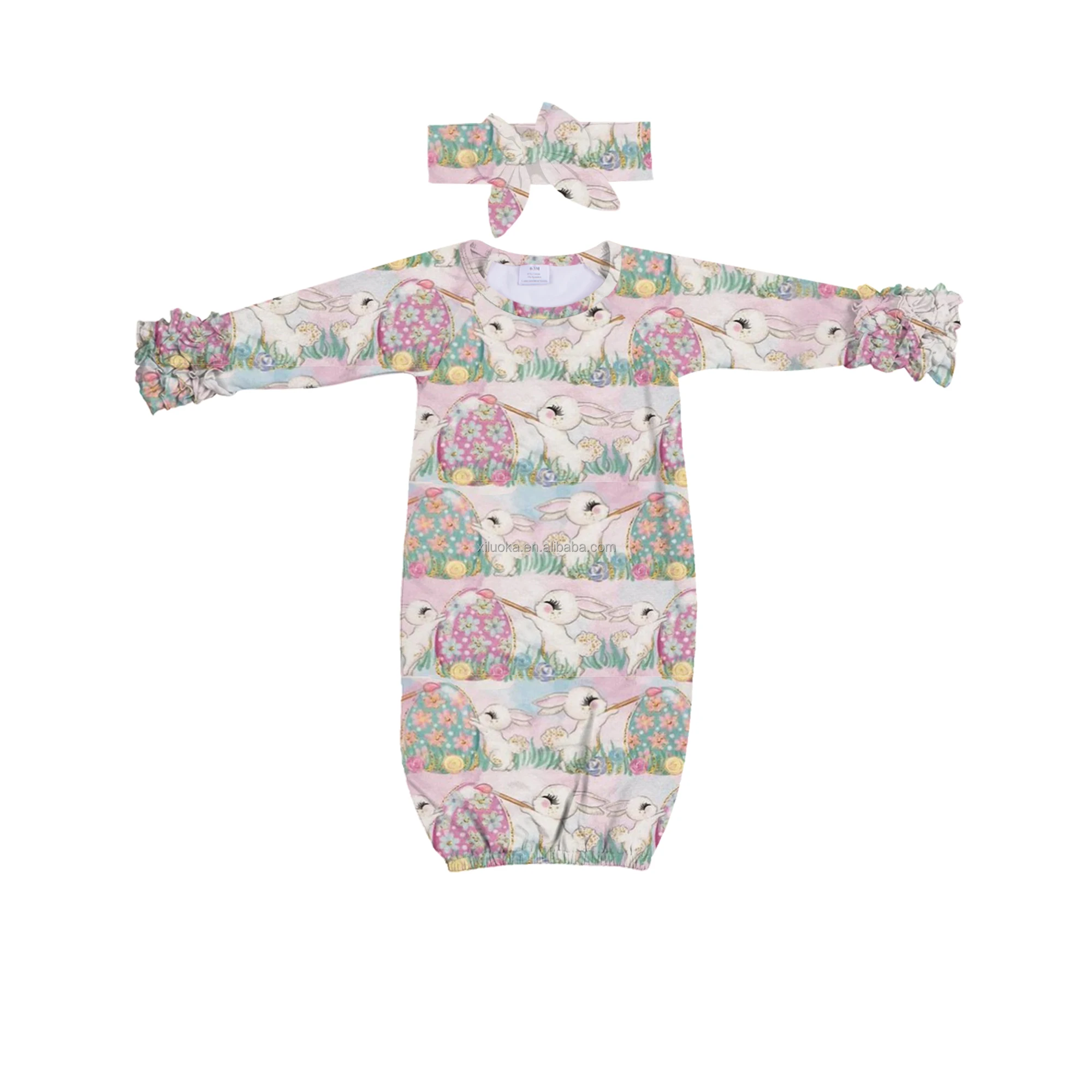 

New Design Toddler Boutique Infant Wear Icing Ruffle Long Sleeve Baby Bunny Gowns, Picture