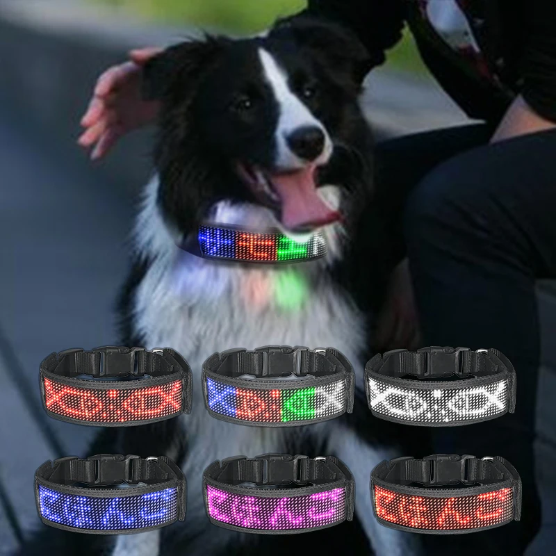 

App Controlled Digital Dog Interactive Programmable Scrolling Light Up Reflective LED Dog Collar Safety Pet Collar
