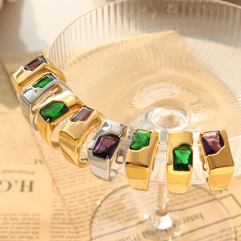 

Poya Dainty Non Tarnish Geometric Gold Plated Open Green Purple Zircon Ring