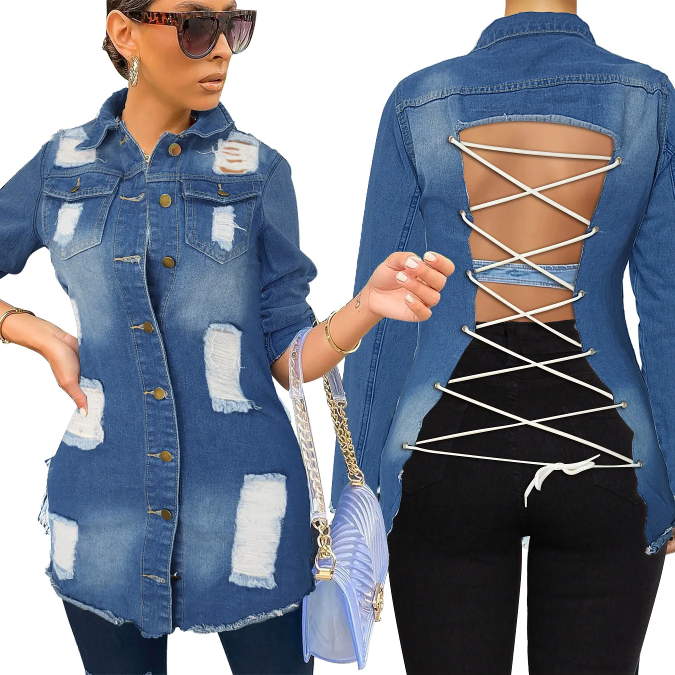 

Distressed Denim Outfits Coat sexy jean women Spring Fall Ripped Jeans Outerwear Denim Jacket, Customized color