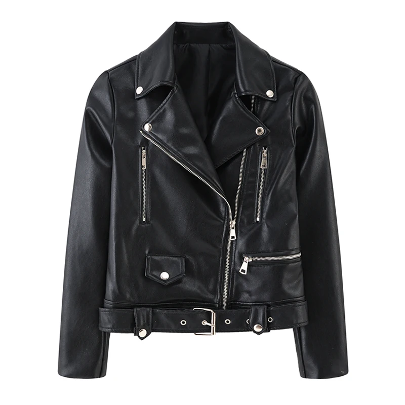 

High Quality New Autumn Women Pu Leather Jacket Female Zipper Belt Short Moto Coat