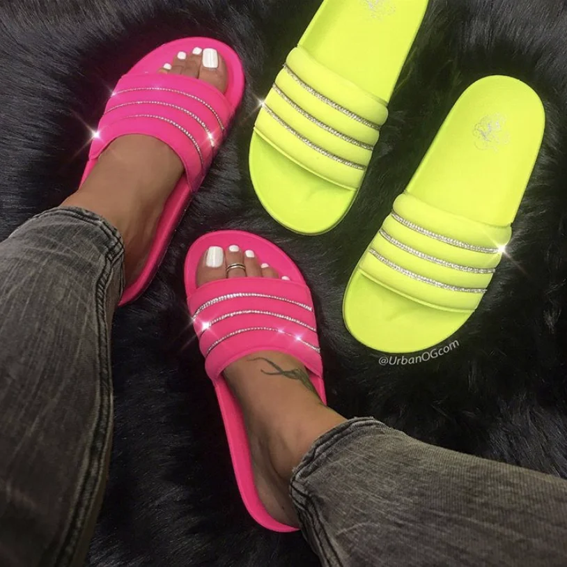 

wholesale fashion flat neon women's sandals, latest summer luxury rhinestone diamond bling designer ladies flat sandals, Customized