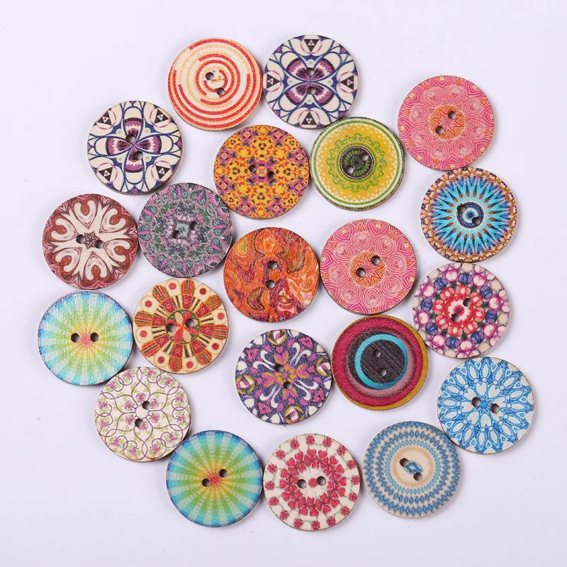 

bulk stock 15mm 20mm 25mm retro style two hole floral printing round wooden buttons for bag handbag