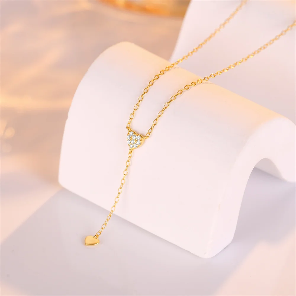 INS Fashion High Quality Heart Zircon Jewelry 925 Sterling Silver Dangle Heart Gold Plated Clavicle Necklace Jewelry for Women