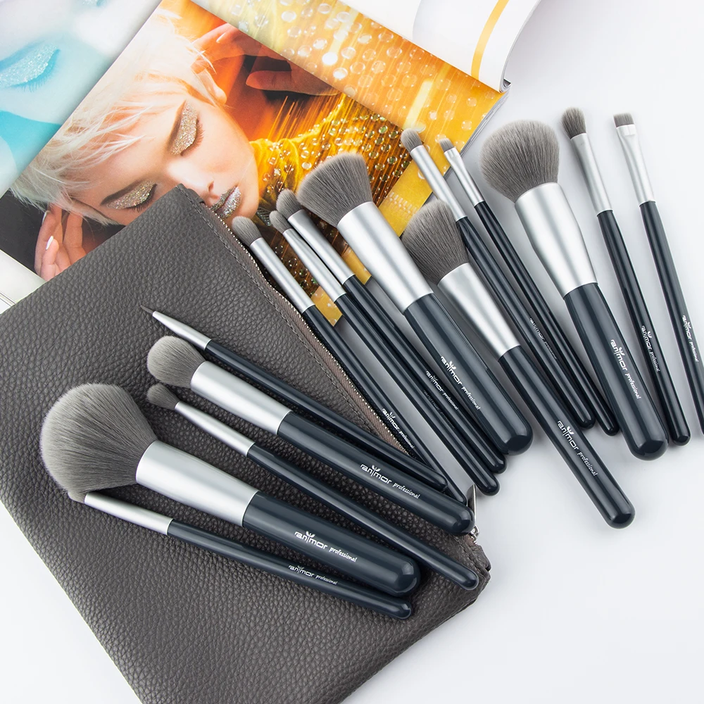 

Anmor 15Pcs Professional Powder Blush Foundation Highlighter Eyeshadow Makeup Brush Set, Silver/black