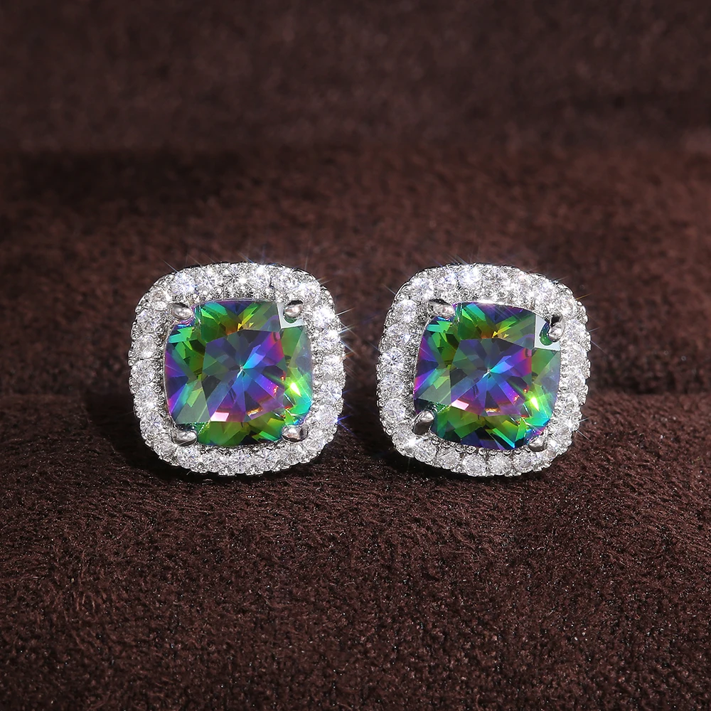 

CAOSHI Rainbow Color Gemstone Stud Earrings For Women Silver Plating Fashion Square Rainbow Earrings Unisex