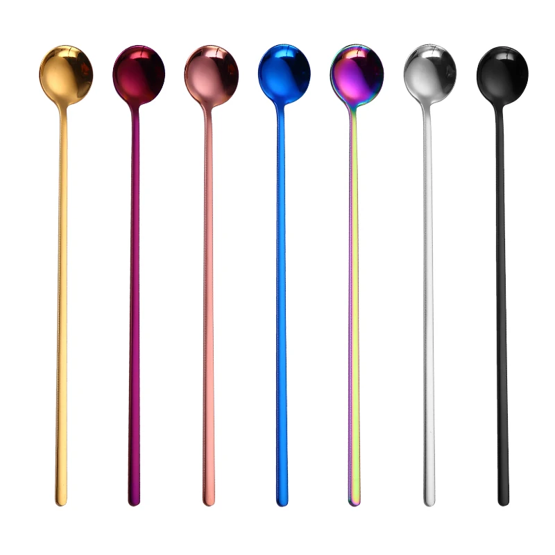 

Extra Long Handle Small Round 304 Stainless Steel Spoon for Coffee Tea Dessert Ice Stirring Spoon Table Spoons Flatware, Silver/gold/rose gold/rainbow/black/blue