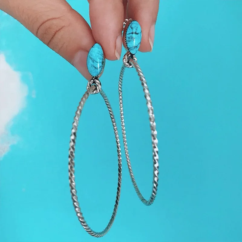 

Western Vintage turquois stone twist again large hoop dangle earrings for women