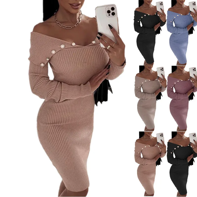 

2021 autumn/winter Europe wish women's button waist long sleeve knit hip wrap dress plus size woman's clothing amazon