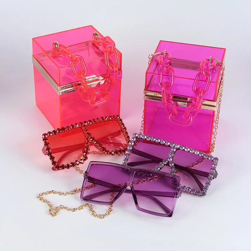 

2 Piece Women Hot Selling Clear Designer Box Clutch Bag 2021 Purses Matching Sunglasses Set