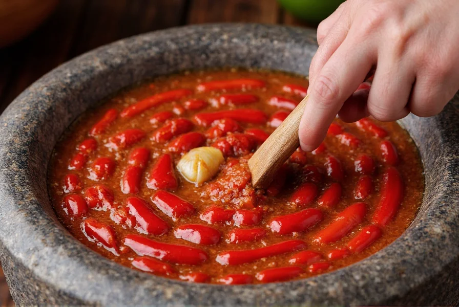 Traditional Indonesian sambal chili paste being prepared in stone mortar with fresh red chilies, garlic, and shallots