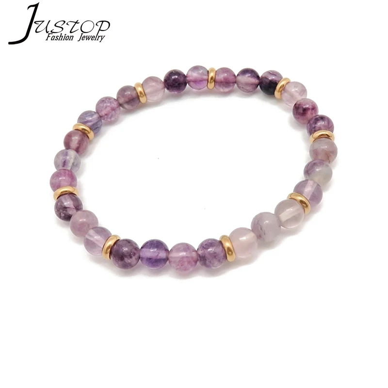

2020 Pretty Charm Round Gemstone Beads Stretch Stainless Steel Bracelet Purple Jade Stone Bead Bracelet Jewelry, As picture