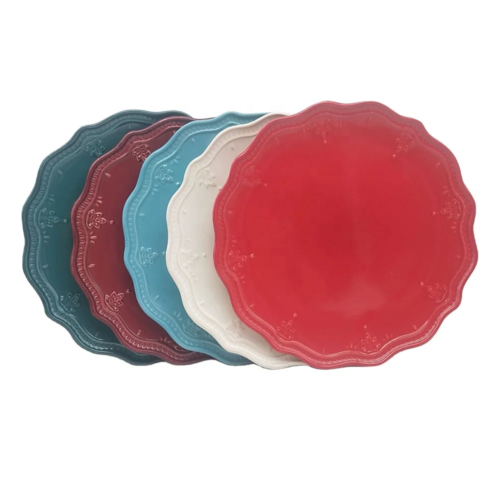 

hot sale wholesale household cheap Europe style flower decorative embossed ceramic dinnerware sets stock ceramic decor plate, Red,green,blue,white