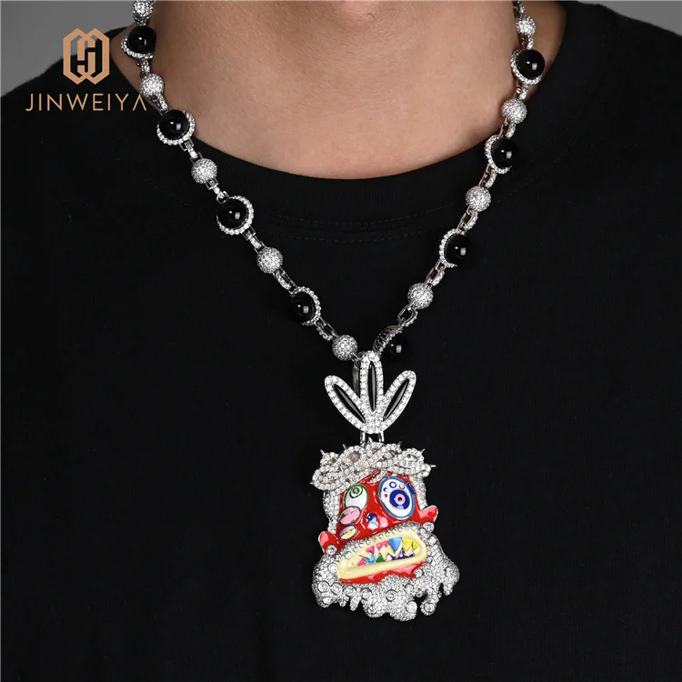 

JWY 'Jewelery' Hip Hop Iced Out 18K White Gold big and shiny Pendant With Black and White Pearl Necklace Ready to SHip
