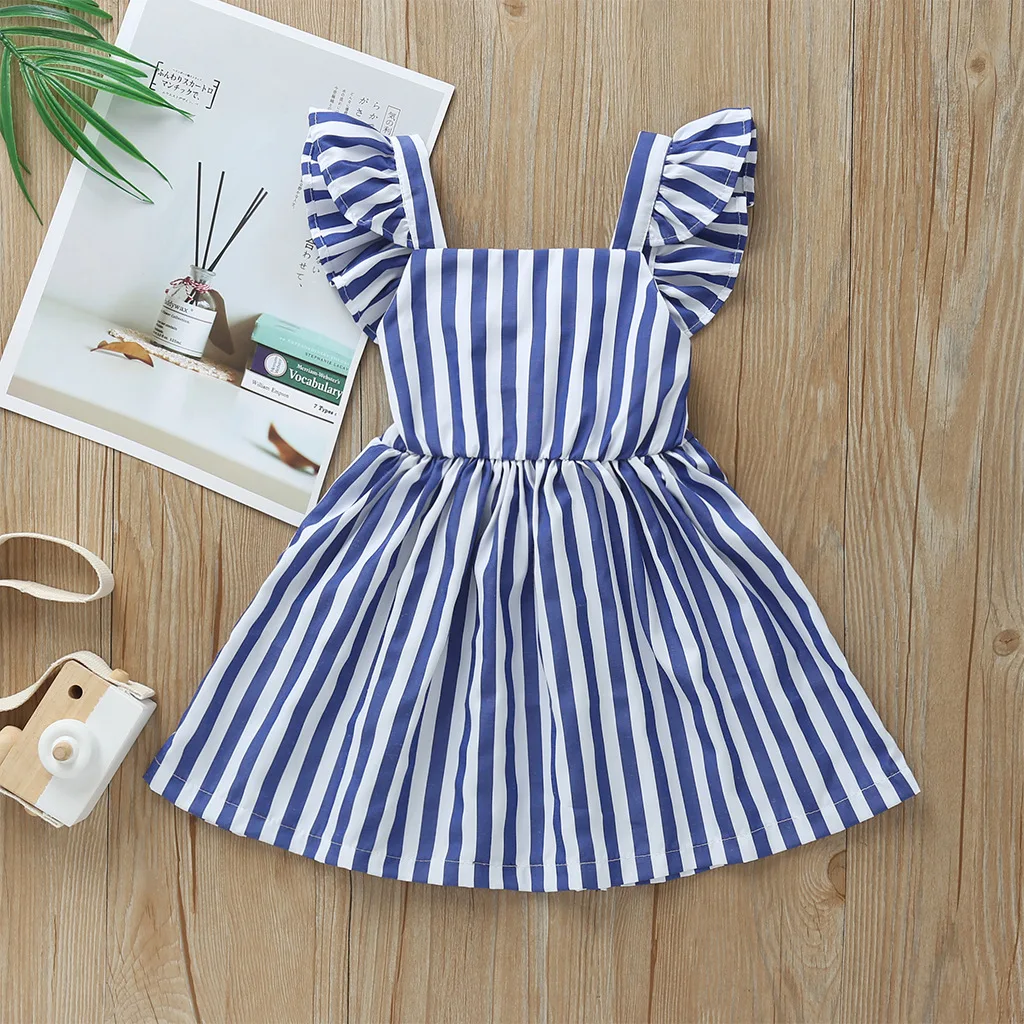 

Baby Girls Dress Kids Fly Sleeve Striped Cotton Dress Girls Bow Backlees Princess Dresses