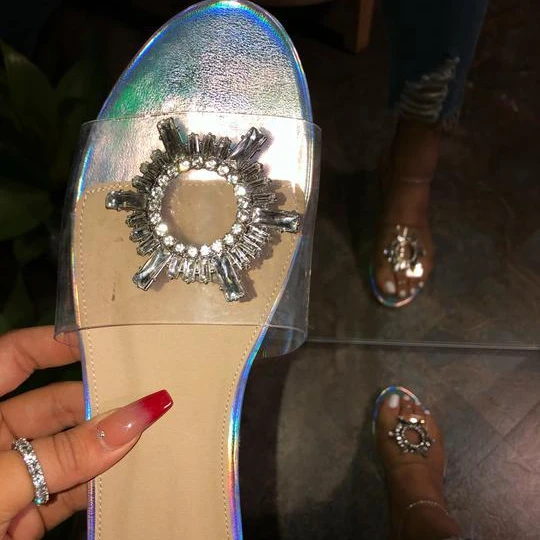 

SD-43 2020 fashion Ladies sequined sunflower diamond PVC crystal cross strap open toe slipper for women with PU leather sole