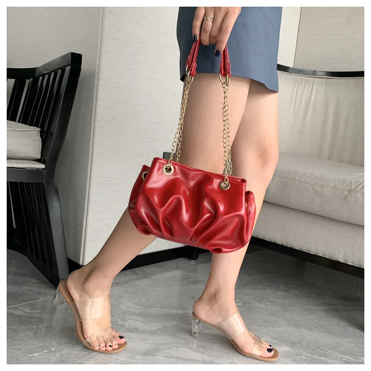 

New Soft Leather Ruched Bag Bolsas Mujur Pattern Metal Chain Cloud Shape Woman Shoulder Bag, As picture