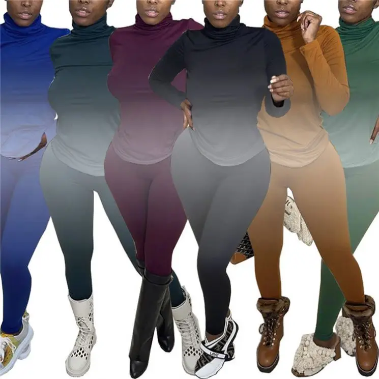 

D96397 New Arrival High Neck Gradient Casual Clothing Women Clothes 2021 2 Piece Set Womens Two Piece Pants Set
