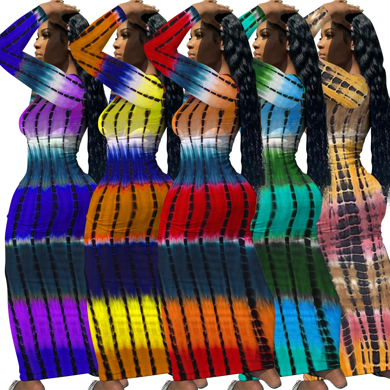 

Women Sexy V Neck Bodycon Maxi Dress Long Sleeve Tie Dye Club Dresses Striped Slim Fit Clubwear Office Workwear