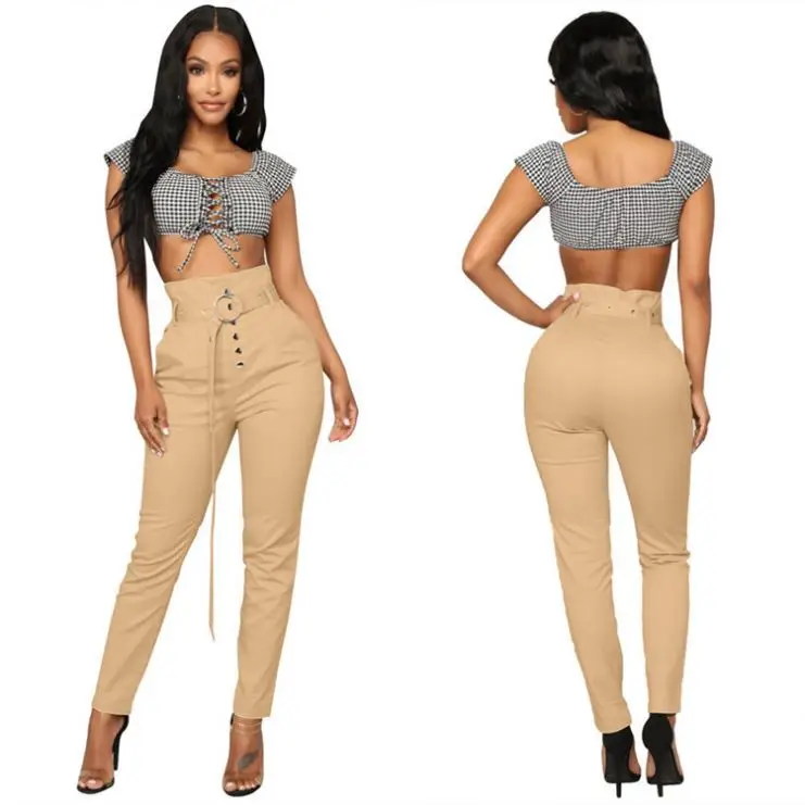 

Fashionable Spring Casual Trendy High Waist Belt Good Quality Solid Color Ladies 2021 Clothes Cargo Pants Women