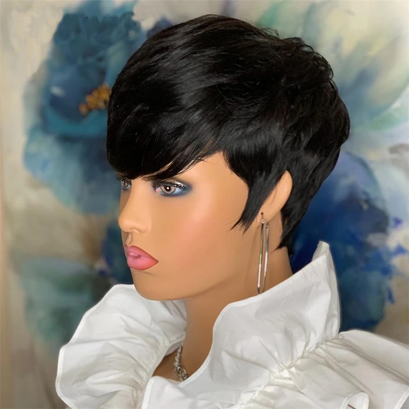 

613 Honey Blonde Color Wavy Short Bob Wig With Bangs Pixie Cut No Lace Front Human Hair Wigs For Black Women Indian Burgundy 99J