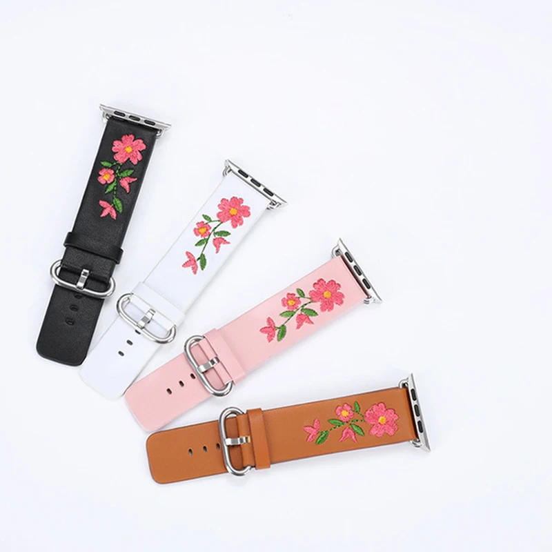 

New Arrival Custom Embroidery Flower genuine leather watch band for apple watch strap, White, black, pink, brown etc.