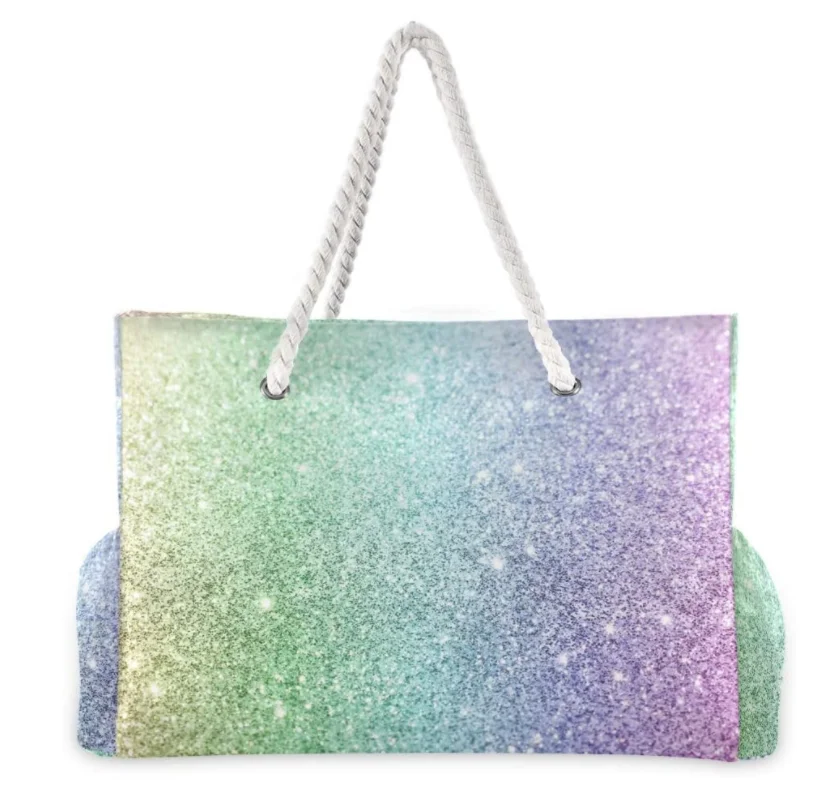 

Lightweight Rainbow Glitter Printed Large Tote Shoulder Beach Bag for Swimming Pool Camping Exercise