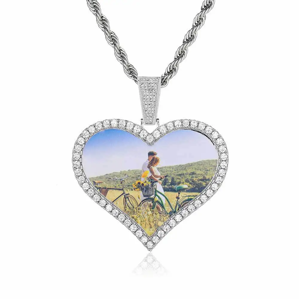 Qiuhan Hip Hop Accessories Personality Micro Inset Zircon Love Heart Shape Custom Photo Pendant Necklace